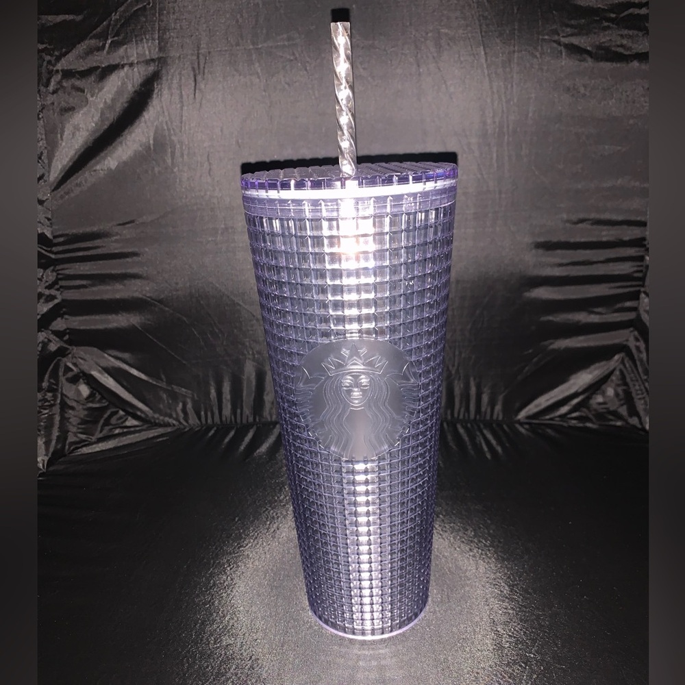 Starbucks 24oz Tumbler Silver Grid Disco Plastic Cold Cup/Original Straw